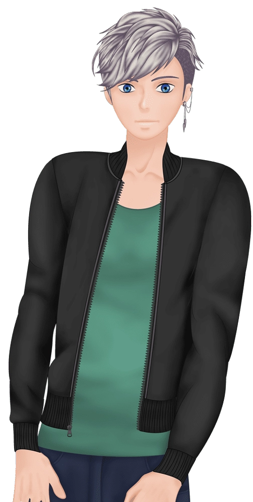 Character design d'un personnage masculin aux cheveux gris et yeux bleus, blouson noir et pull vert, style semi-réaliste