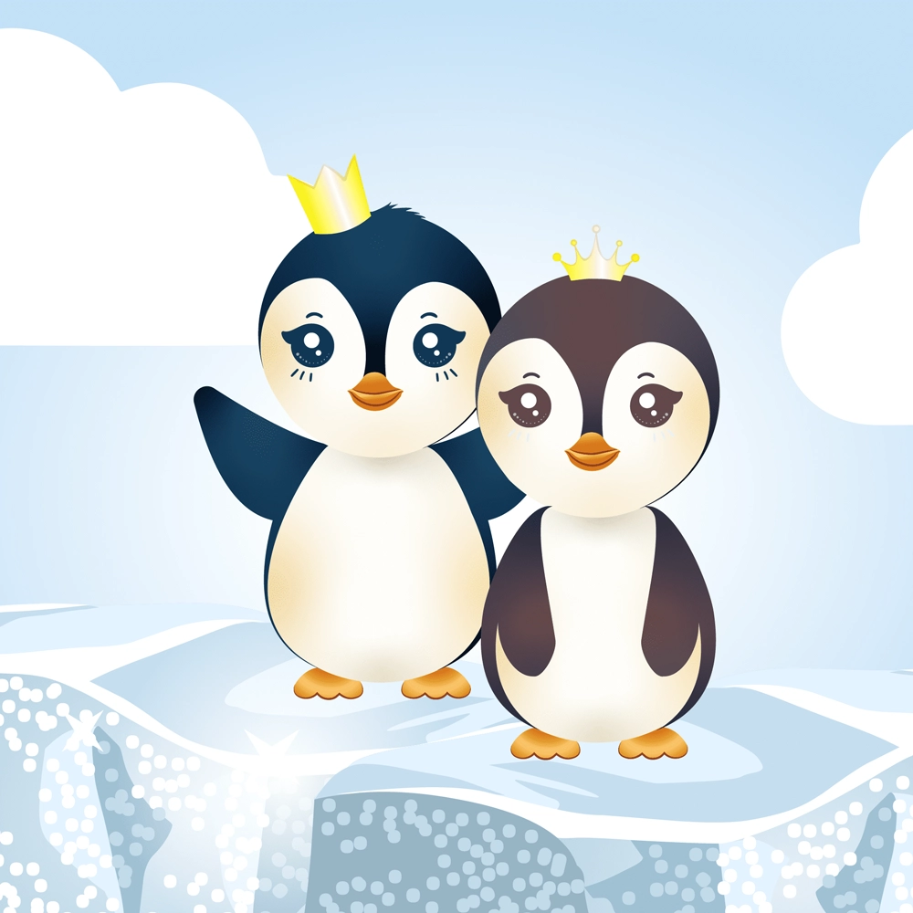 Illustration de deux manchots couronnés, style mascotte mignon (kawaii), sur la banquise