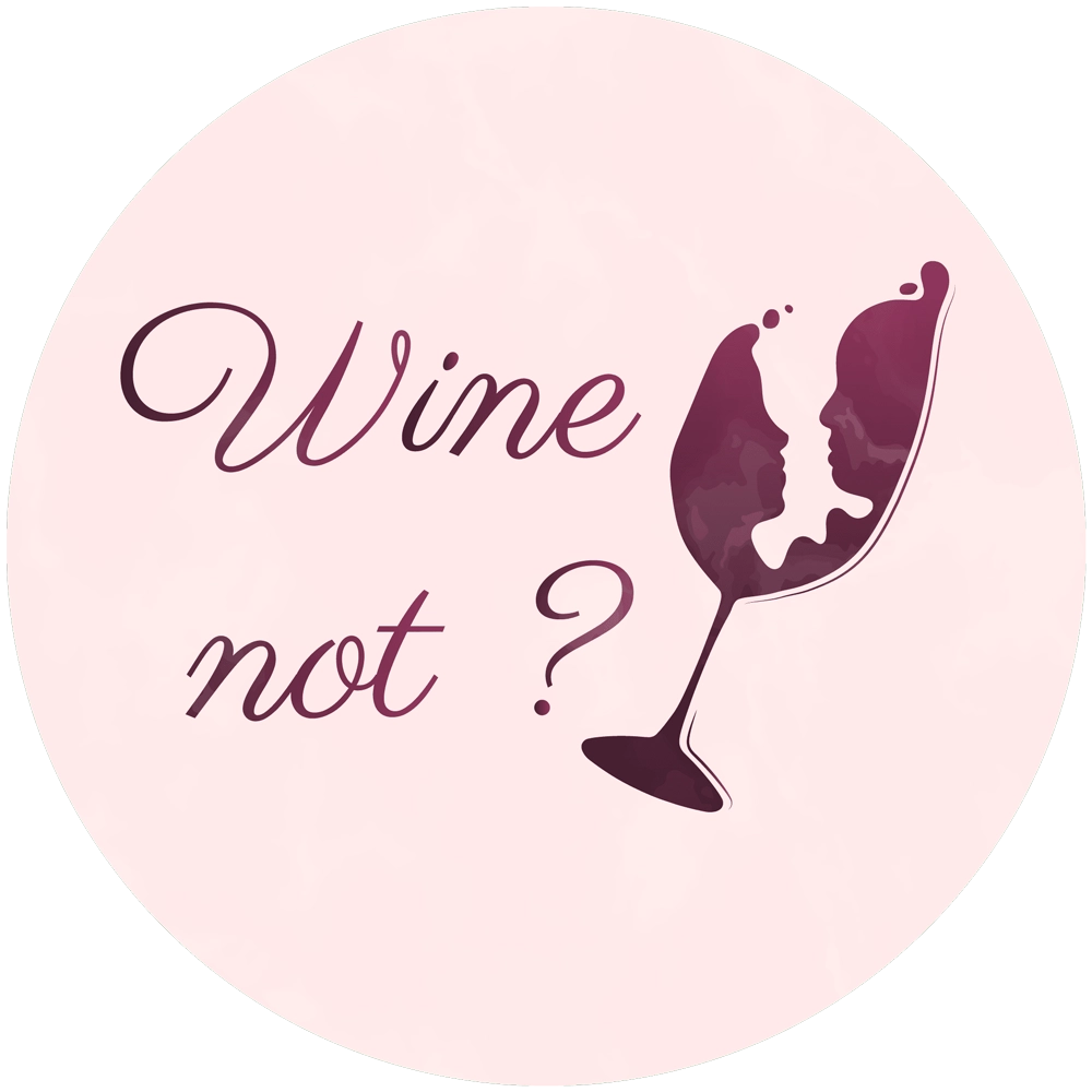 Illustration humoristique « Wine not ? » avec un verre de vin stylisé, sur fond rose