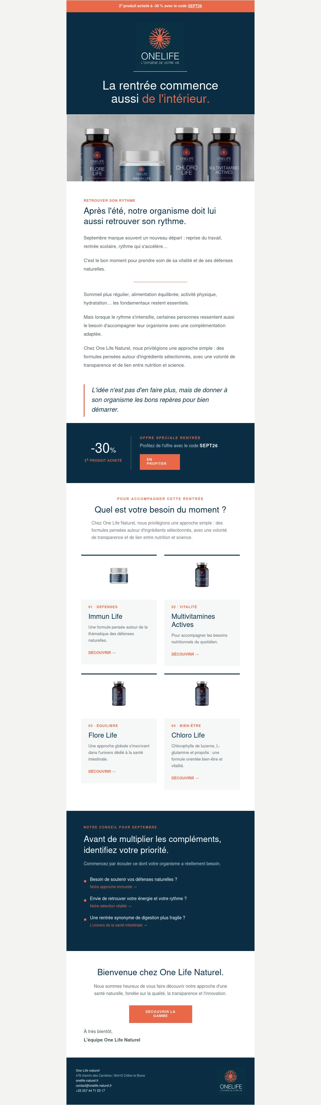 Newsletter OneLife Naturel sur le thème de la rentrée, avec offre -30% et grille de la gamme de compléments alimentaires (Immun Life, Multivitamines Actives, Flore Life, Chloro Life)