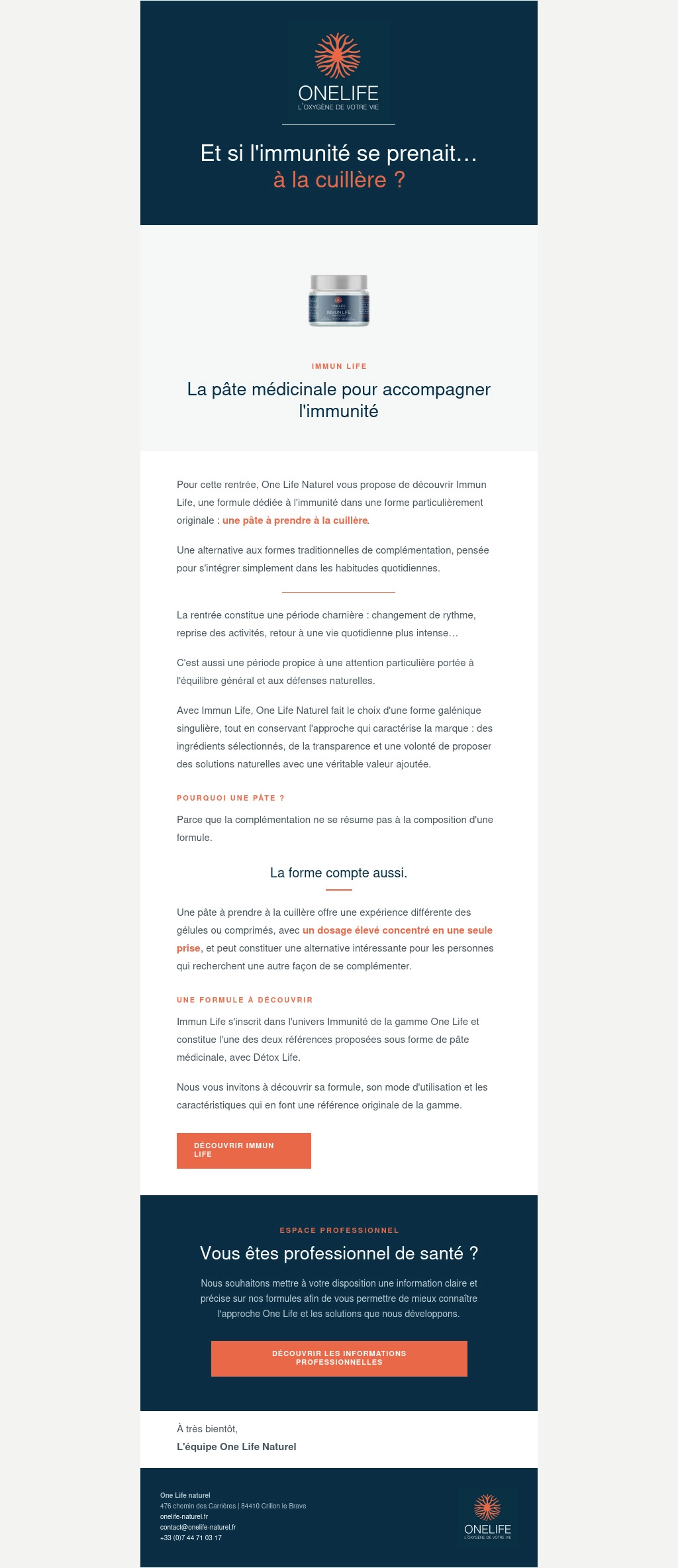Newsletter OneLife Naturel « Et si l'immunité se prenait à la cuillère ? » présentant le produit Immun Life