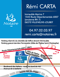 Verso de la carte de visite du notaire, avec plan d'accès illustré au cabinet